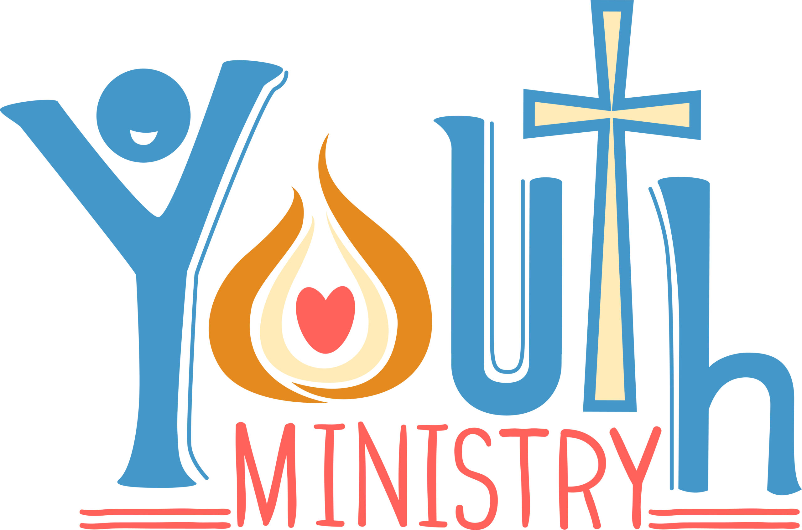Youth Ministry lettering with a cross, a flame and a heart
