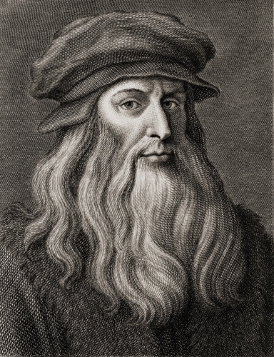 Engraved portrait of Leonardo da Vinci wearing a soft cap, with a long beard
