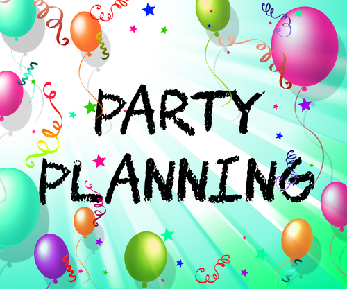 Party Planning lettering surrounded by balloons and confetti