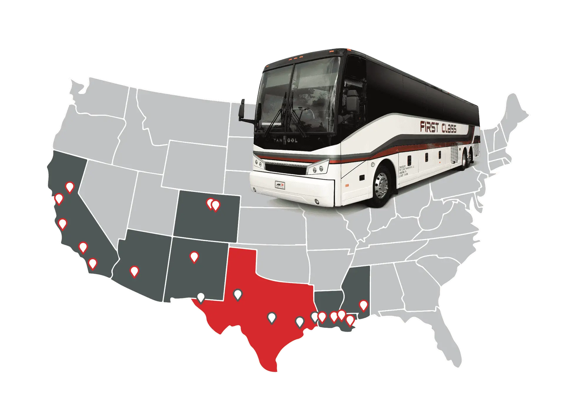 Map of the western United States with Texas highlighted and location pins beside a black First Class Transportation motorcoach