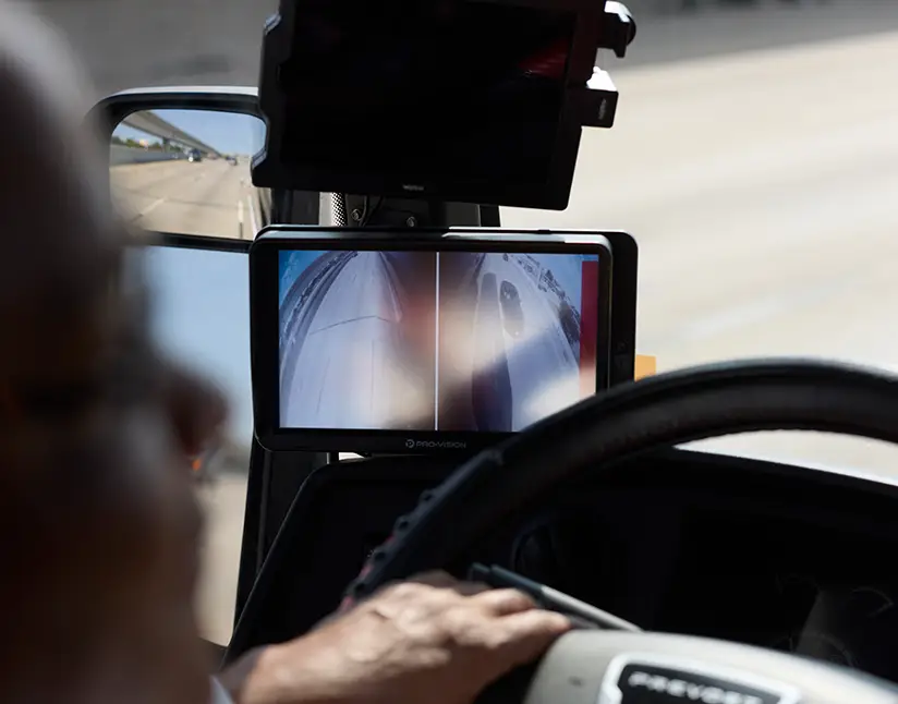 Driver's view of a ProVision camera monitor on a First Class Transportation Prevost motorcoach