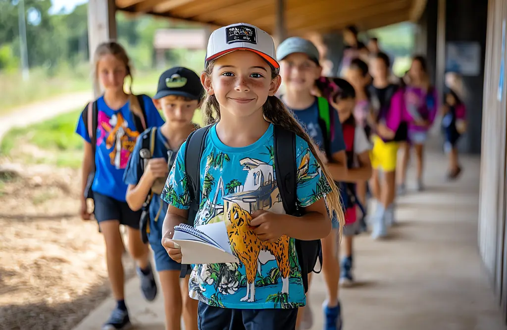 Group of children with backpacks walking in a line on a school field trip