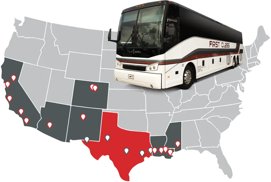Map of the United States showing First Class Transportation service locations with a motorcoach
