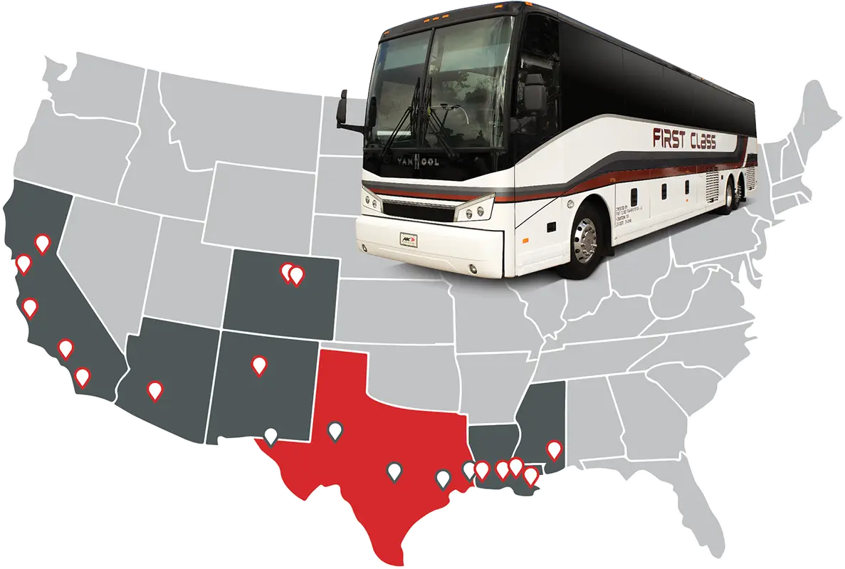 Map of the United States showing First Class Transportation service locations with a motorcoach