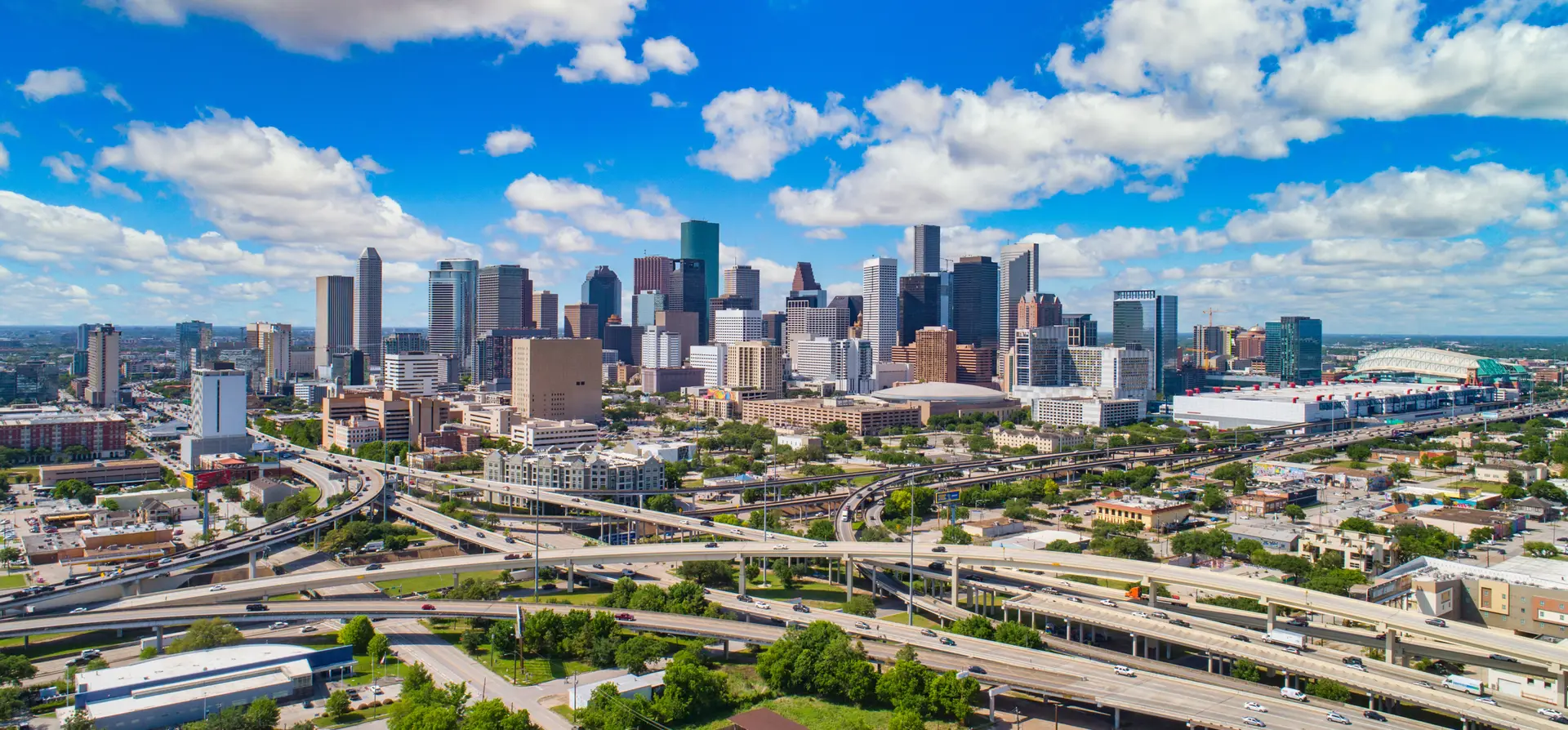 Aerial view of the downtown Houston skyline and freeways