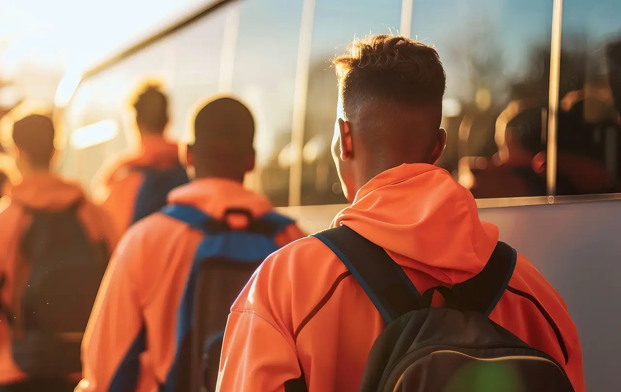 Passengers with backpacks boarding a First Class Transportation motorcoach at sunset