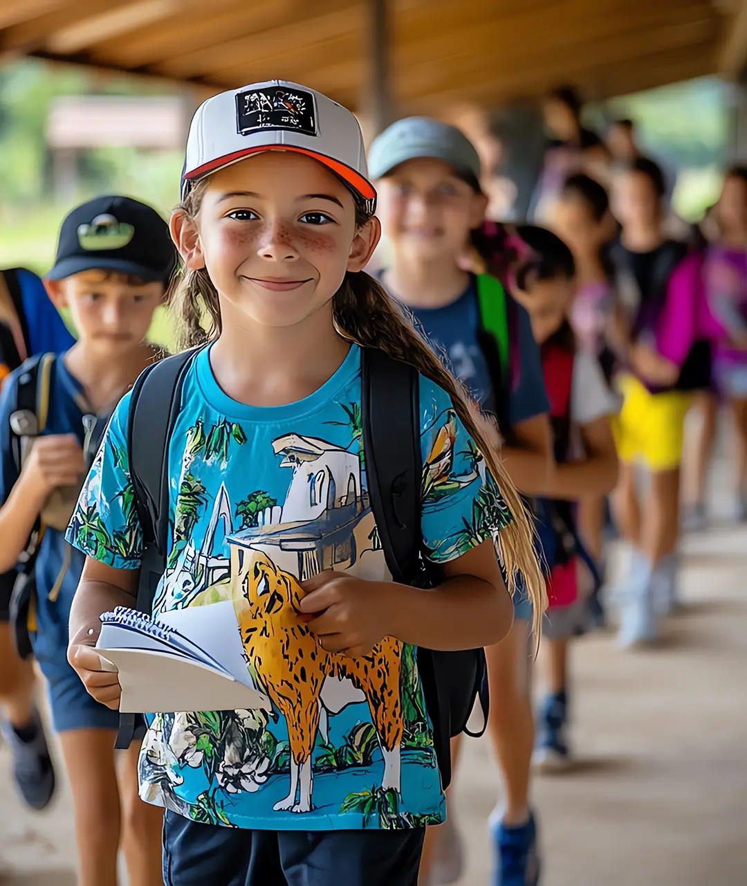 Smiling girl with a backpack standing in line with other children at summer camp
