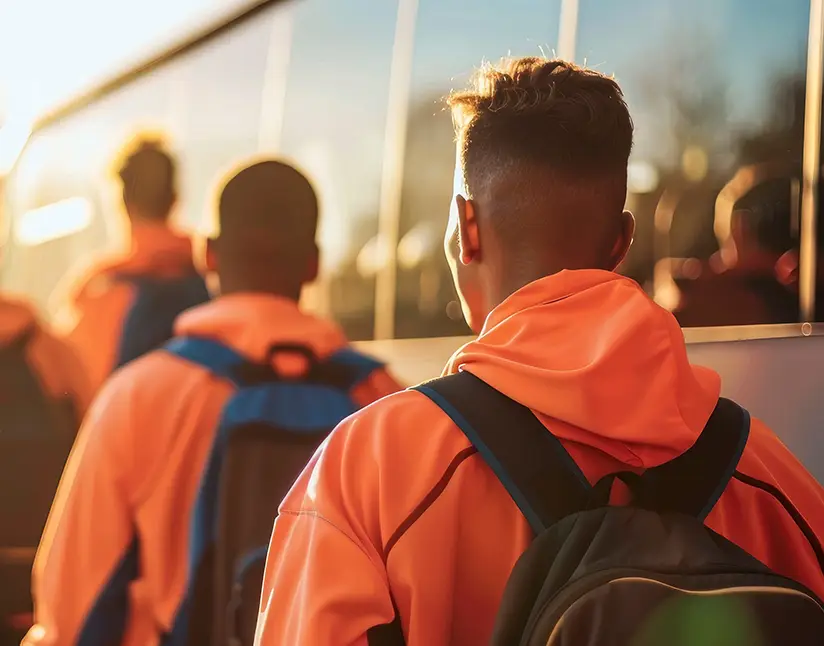 Young athletes in matching orange jackets with backpacks boarding a motorcoach at sunset