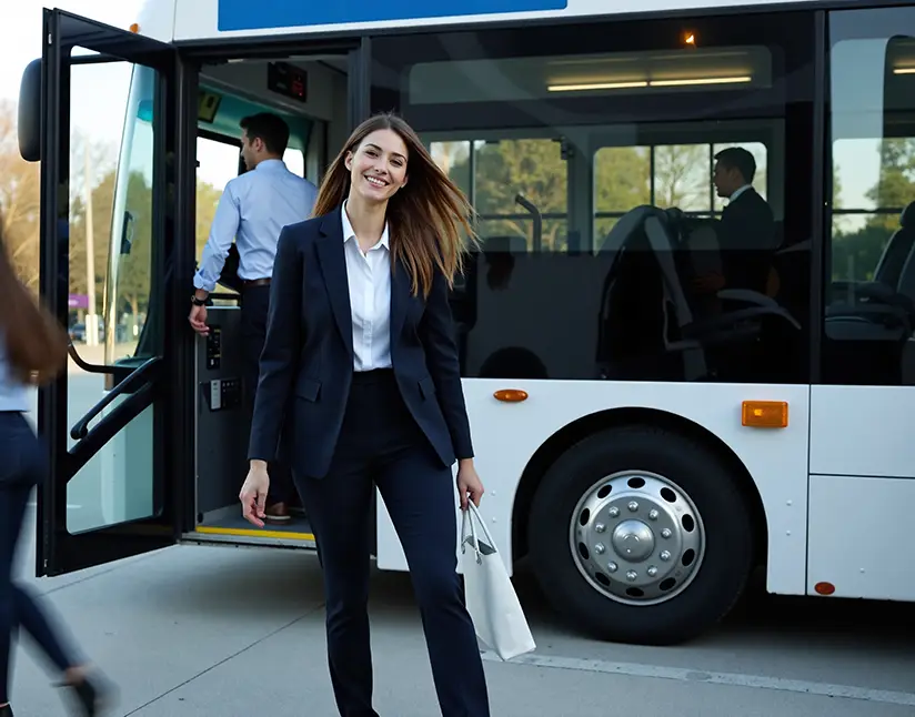 Businesswoman in a suit stepping off a white First Class Transportation transit bus