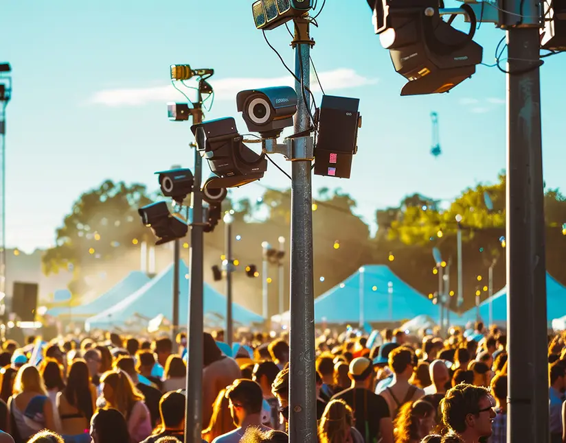 Large crowd at an outdoor festival with security cameras and stage lighting on poles