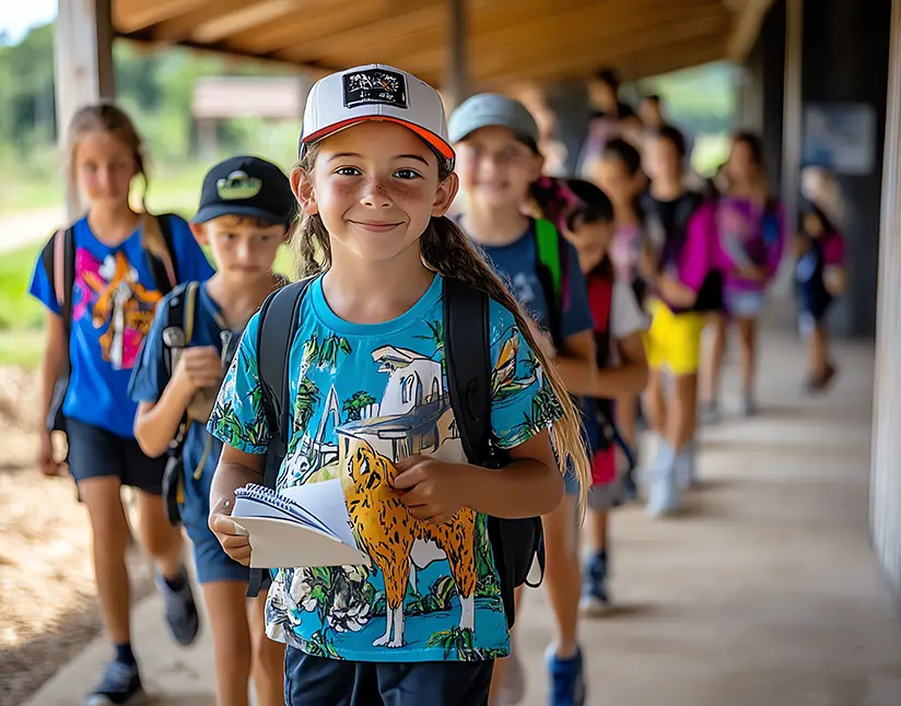 Line of schoolchildren with backpacks walking single file along a covered walkway