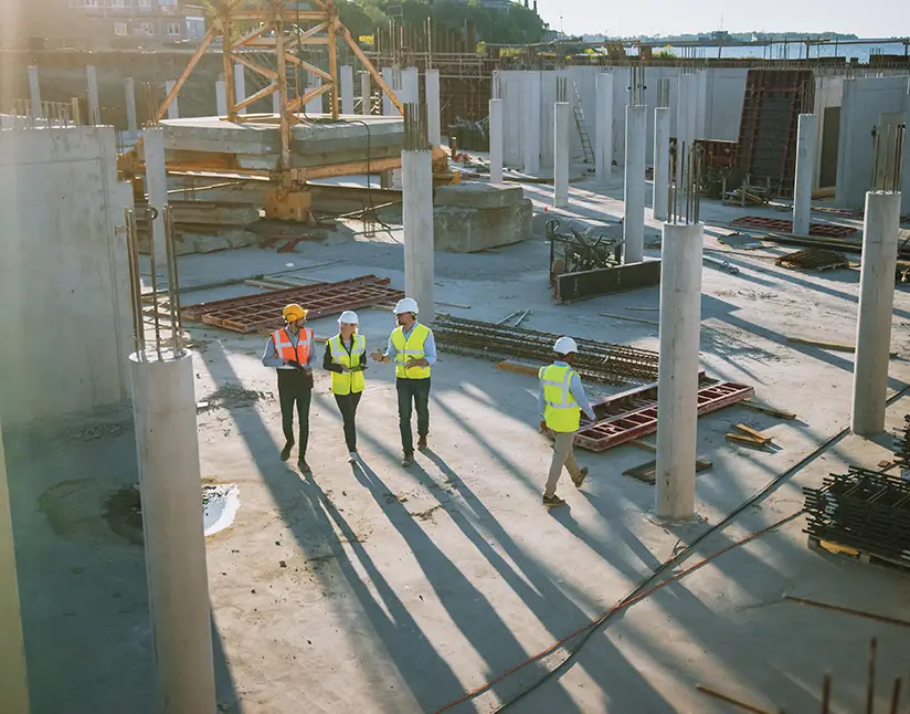 Construction workers in hard hats and safety vests walking across a jobsite