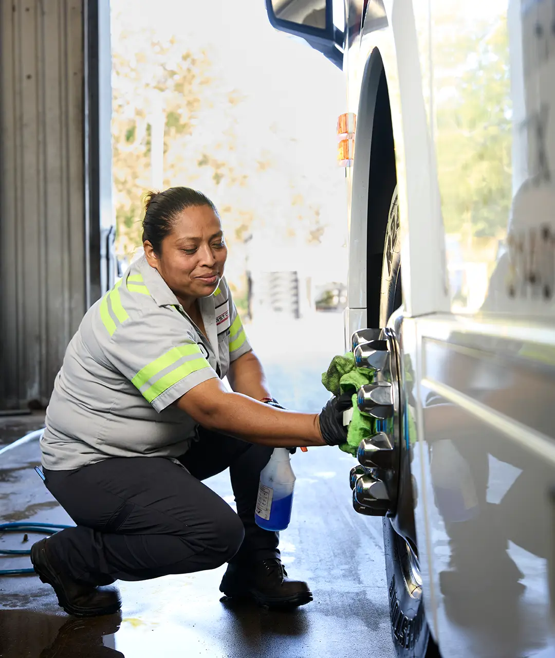 First Class Transportation technician cleaning the chrome wheel of a motorcoach in the maintenance bay