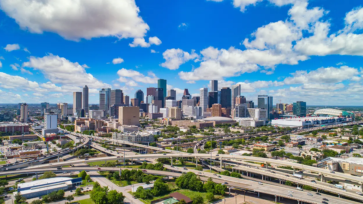 Aerial view of the downtown Houston, Texas skyline and highways