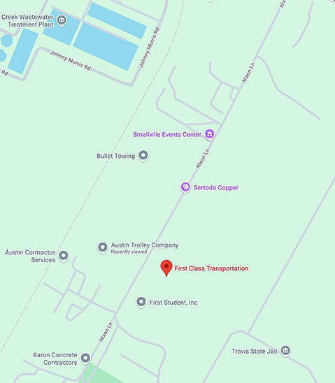 Map with red pin showing location of the Austin First Class Transportation office