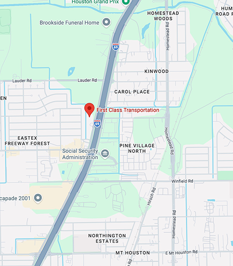 Map with red pin showing location of the Houston First Class Transportation office